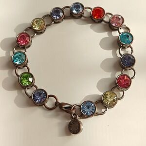 High Intencity Rainbow  Colorful Rhinestone Link Tennis Bracelet Silver Tone